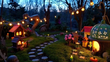 Fairy garden with whimsical decor and tiny pathways, illuminated by soft, magical light during twilight