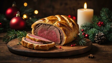 Wall Mural - beef wellington served on a wooden table with Christmas theme