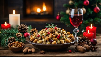 Wall Mural - christmas stuffing served on a wooden table with Christmas theme