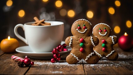 Wall Mural - classic gingerbread men served on a wooden table with Christmas theme