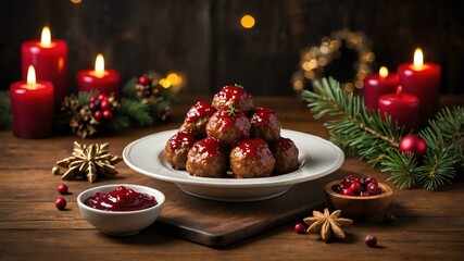 Wall Mural - mini meatballs with cranberry sauce served on a wooden table with Christmas theme