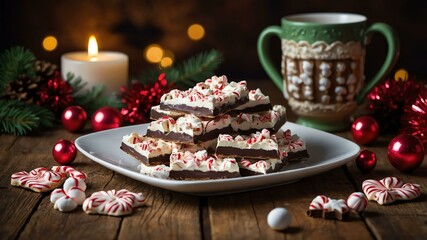 Wall Mural - peppermint bark served on a wooden table with Christmas theme