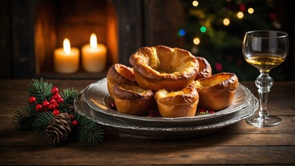 Wall Mural - yorkshire pudding served on a wooden table with Christmas theme