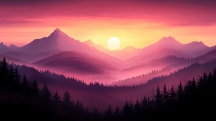 Wall Mural - A breathtaking landscape showcases a sunset over rolling mountains, layered with vibrant shades of purple, pink, and orange, enveloped by misty forests, Ideal for nature-related projects,