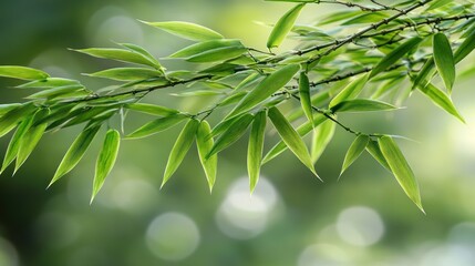 Wall Mural - Fresh green bamboo leaves on branch, soft focus, bokeh background.