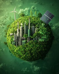 Poster - A green globe with renewable energy icons like wind turbines and solar panels