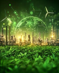 Poster - A green globe with renewable energy icons like wind turbines and solar panels