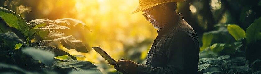 Aufkleber - A modern farmer using advanced agricultural technology on a tablet, controlling automated systems for smart farming, showcasing AI applications in plantation management