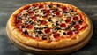 © Chinases - Delicious pepperoni mushroom pizza served on a wooden board in a cozy setting