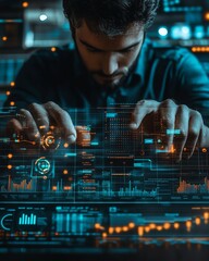 Poster - A businessman accessing the internet for global digital marketing and finance, leveraging technology and big data to provide business insights and banking solutions