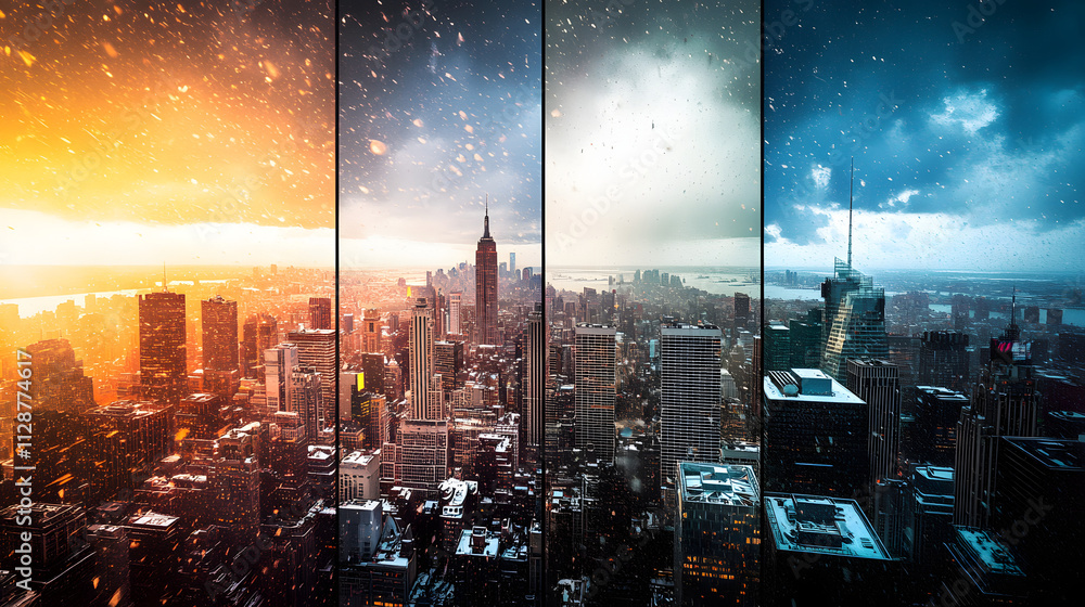 A conceptual image displaying cityscapes in four quadrants with different weather: bright sun rain thunderstorm and snow.
