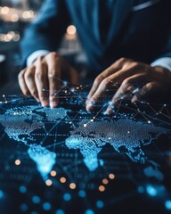 Leinwandbilder - A businessman engaging with global internet connections for business, digital marketing, and finance, using technology and big data to enhance online banking services