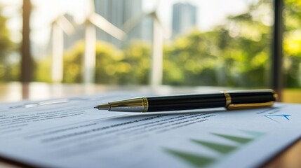 Poster - A pen rests on financial documents focused on sustainable finance, set against a backdrop of wind turbines and a green landscape.