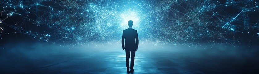 Poster - A businessman navigating a digital network for global connections, finance, banking, and digital marketing, utilizing technology for big data analysis and online business solutions