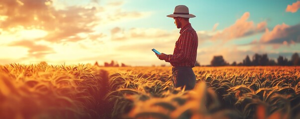 Aufkleber - A farmer in a hightech field, using agricultural apps on a smartphone to analyze data, control irrigation, and monitor crops with smart farming systems
