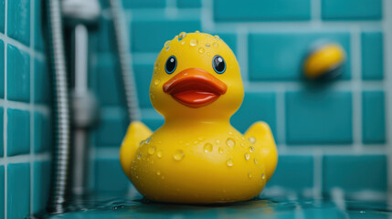 A bright yellow rubber duck sits on teal tiles, water droplets glistening on its surface, creating a playful and cheerful bathroom scene.