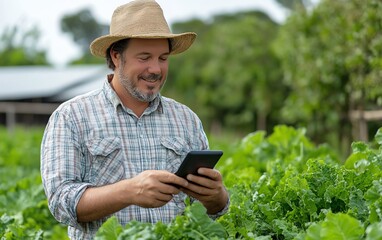 Aufkleber - A farmer operating a smart farming system on a mobile device, using AI and data analysis to control irrigation, pest control, and crop growth in a modern agricultural environment