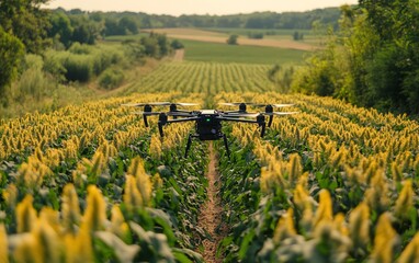 Poster - A farmer using advanced agricultural technology and AI to analyze data, monitor fields, and automate systems for precision farming and improved plantation management
