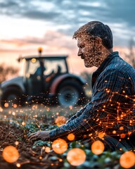 Aufkleber - A farmer utilizing AI and farming applications to monitor crops, analyze data, and control automated agricultural systems, enhancing efficiency and sustainability in modern farming