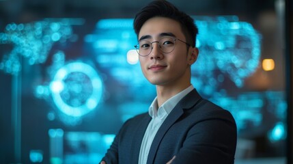 Fototapete - Young Professional Analyzing Financial Data in Modern Office with Digital Graphics