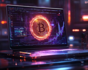 Aufkleber - Futuristic Bitcoin Trading Real-Time Market Analysis on Laptop
