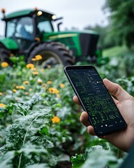 Poster - A hightech agricultural setting where a farmer uses a mobile app to analyze data and control automated systems, ensuring optimal crop yield through smart farming techniques