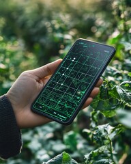 Poster - A hightech agricultural setting where a farmer uses a mobile app to analyze data and control automated systems, ensuring optimal crop yield through smart farming techniques