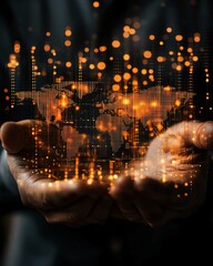 Aufkleber - A man connecting to the global internet for business, using technology to analyze big data and optimize digital marketing and financial services online