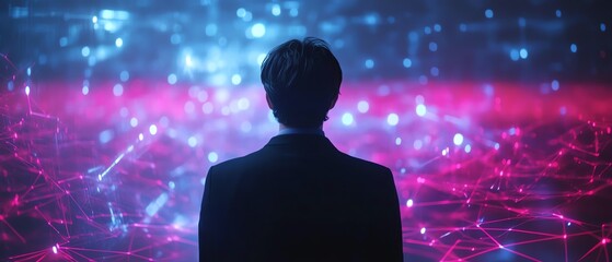 Poster - A man engaging with a global network through technology for business, digital marketing, and finance, using big data and online access to streamline operations