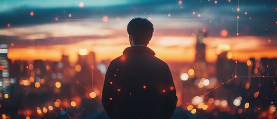 Poster - A man engaging with a global network through technology for business, digital marketing, and finance, using big data and online access to streamline operations