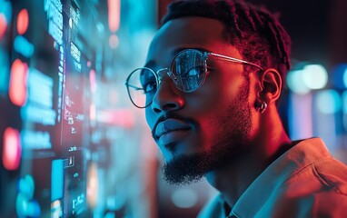 Poster - A man interacting with digital technology, using the internet for global connections, digital marketing, and banking solutions powered by big data and advanced finance systems