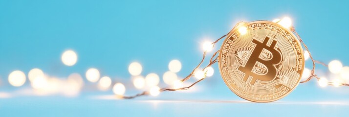 Aufkleber - Bitcoin Wrapped in Festive Lights Against a Blue Background
