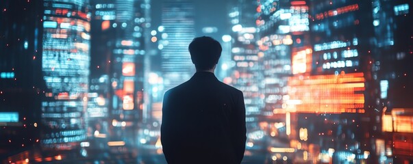 Leinwandbilder - A man utilizing digital technology for internetbased global connections, empowering business decisions, digital marketing, and banking with big data and online networks