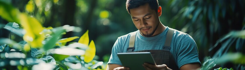 Aufkleber - A modern farmer using advanced agricultural technology on a tablet, controlling automated systems for smart farming, showcasing AI applications in plantation management