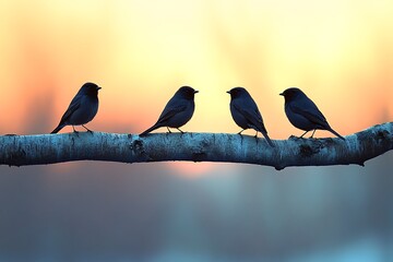 Wall Mural - Four birds perched on a branch at sunset