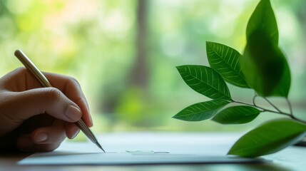 Poster - A person is using a pen to write on paper while a small green plant rests beside them. The setting is bright and peaceful, reflecting a connection between finance and environmental awareness.