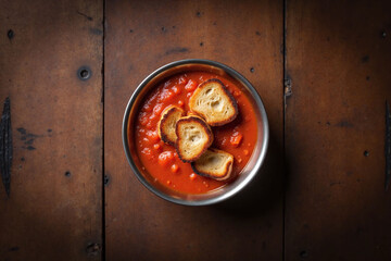 Wall Mural - Wooden table tomato sauce toasted bread shiny bowl texture