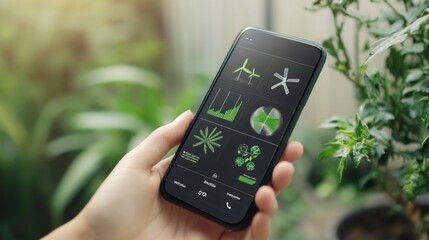 Leinwandbilder - A person interacts with a smartphone displaying analytics on sustainable finance, showcasing green energy trends and AI-driven insights.