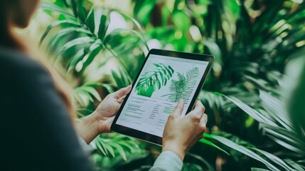 Poster - A person reviews digital content on a tablet with images of leaves against a backdrop of vibrant greenery. This reflects the intersection of technology and sustainability in finance.