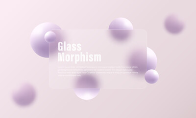 Wall Mural - Website landing page in glass morphism style. Partition made of transparent material with floating spheres.