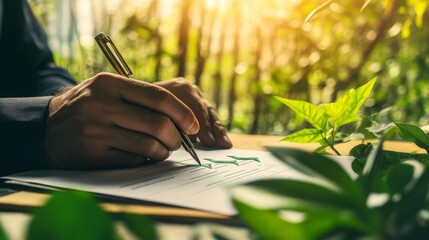 Poster - A hand holding a pen writes on a document featuring green energy symbols.