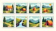 © Niphon - Post mark design set with cartoon nature landscape. Colorful home building at hills, postal stamp collection, illustration. Hiking tents, waterfall at decorative postage mark