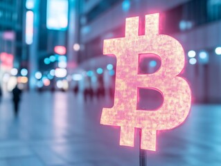 Poster - Cyberpunk Nightscape with Glowing Bitcoin Symbol in Futuristic City
