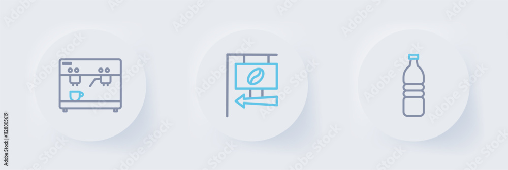 Set line Bottle of water, Street signboard coffee and Coffee machine icon. Vector
