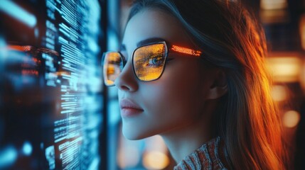 Woman in Glasses Reflecting Digital Code