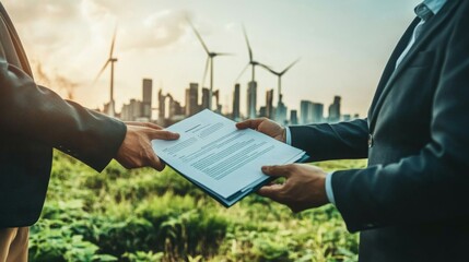 Poster - Two business professionals exchange important documents on sustainable finance amidst a backdrop of wind turbines and a city skyline at sunset, showcasing the merging of nature and urban development.
