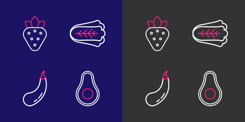 Wall Mural - Set line Avocado fruit, Eggplant, Cabbage and Strawberry icon. Vector