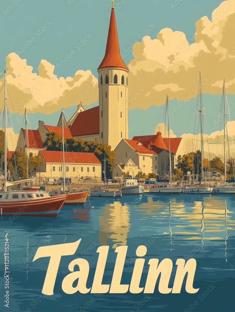 A beautiful view of Tallinn harbor showcases a stunning historic building with a tall spire next to calm waters.