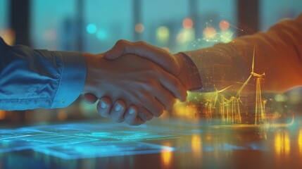 Poster - Two individuals are shaking hands as a symbol of partnership in sustainable finance.