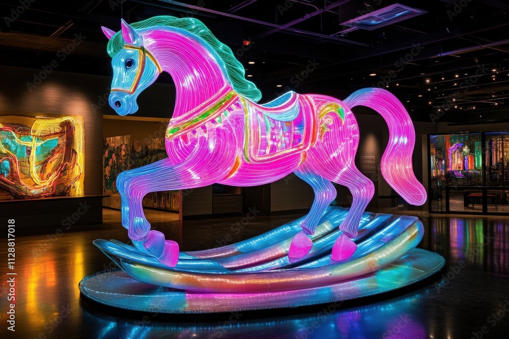 A vibrant horse sculpture made of neon lights stands in a contemporary art gallery. The artwork features bright colors and intricate design, captivating visitors during a daytime exhibition.